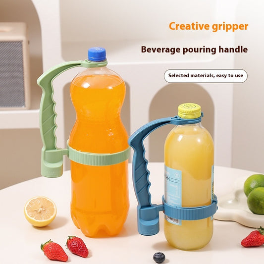 Adjustable bottle pouring handle attached to large juice bottles on kitchen counter, showing easy-grip design for spill-free pouring.