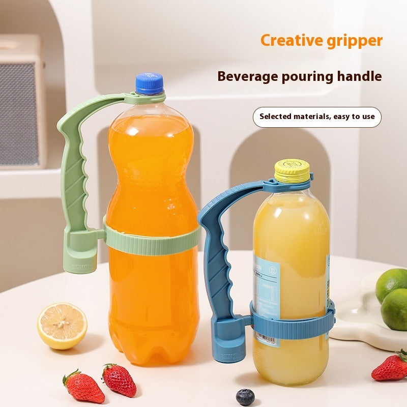 Adjustable bottle pouring handle attached to large juice bottles on kitchen counter, showing easy-grip design for spill-free pouring.